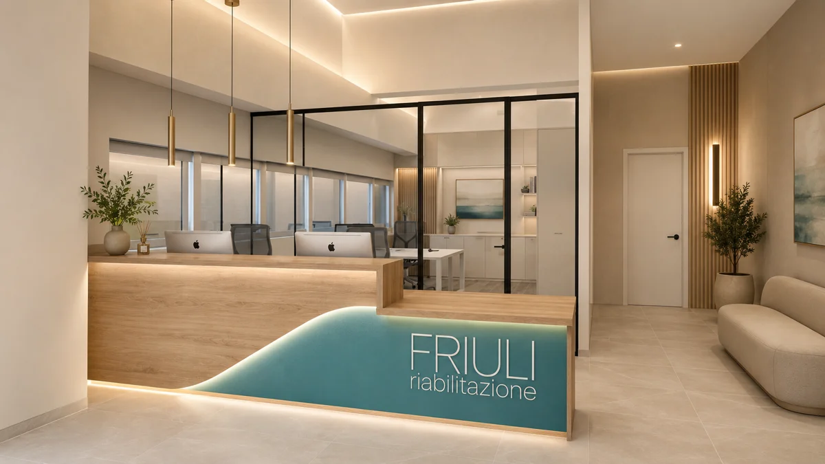 Render di progetto della reception di Friuli Riabilitazione